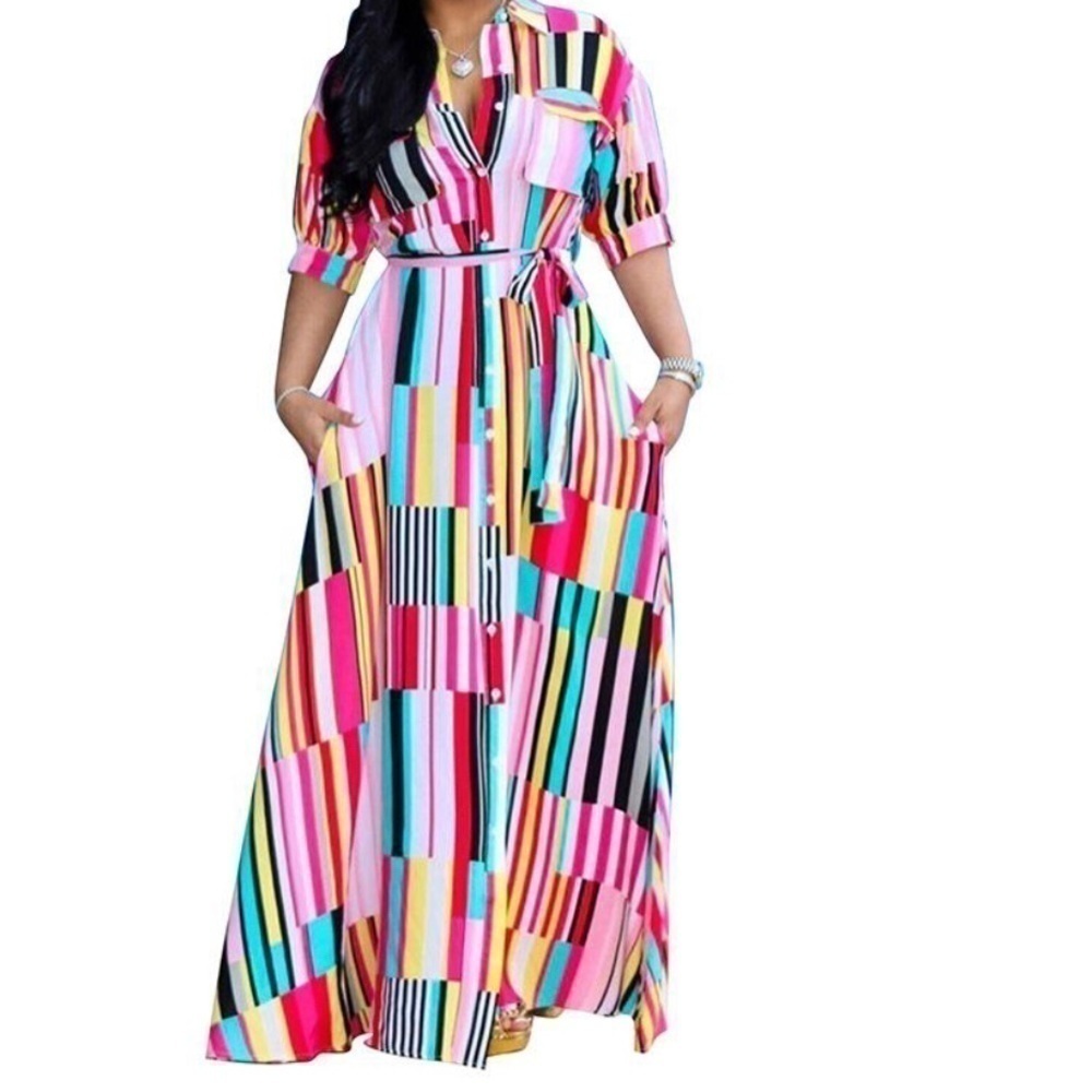 Maxi dress. Short sleeve. Multi-color stripes (S)